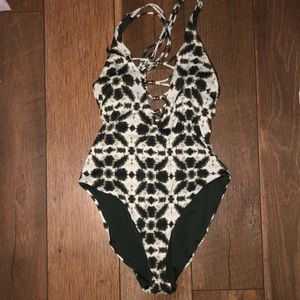 Hunter green & white one piece bathing suit
